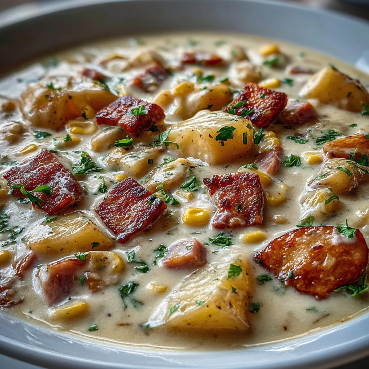 Light Ham and Potato Chowder with Celery and Corn in a creamy broth with diced potatoes and ham.  