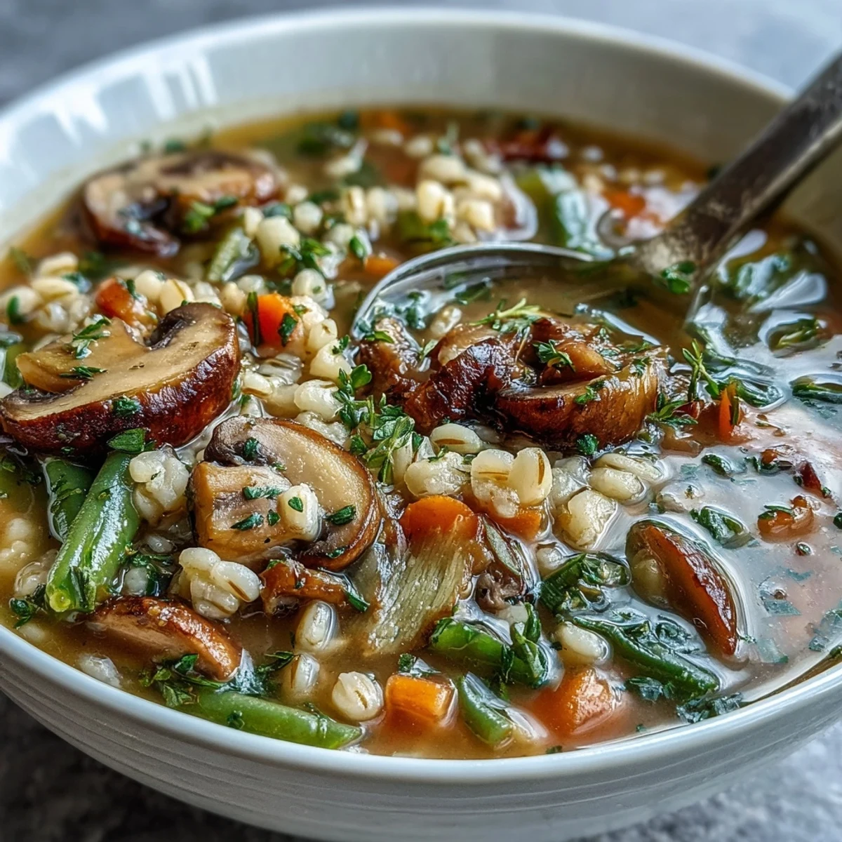 This rustic vegetable barley soup with mushrooms is packed with diced potatoes, zucchini, green beans, and aromatic herbs, perfect for a wholesome meal.