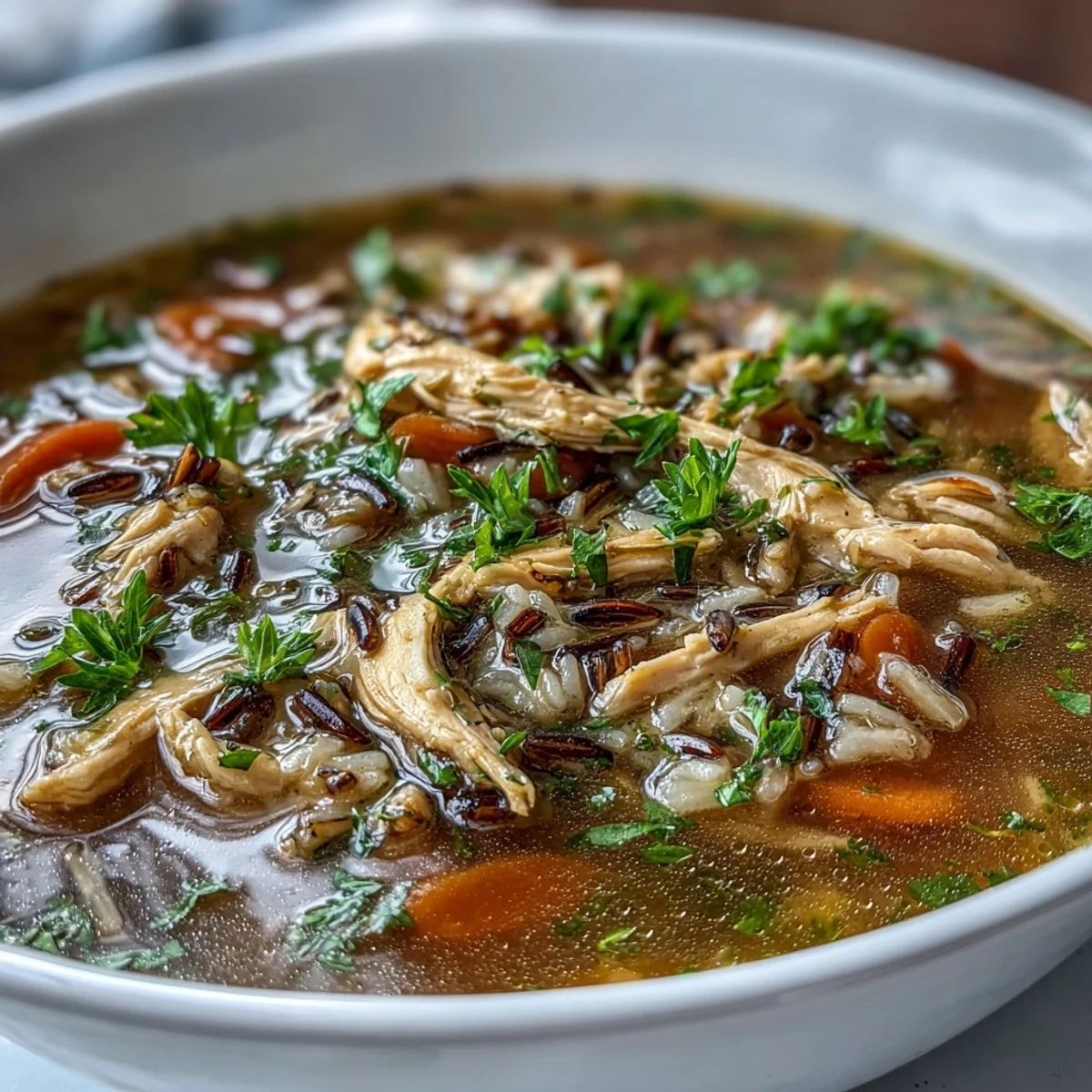 Creamy Chicken and Wild Rice Soup filled with shredded chicken, hearty wild rice, and fresh carrots — a comforting bowl for chilly days.