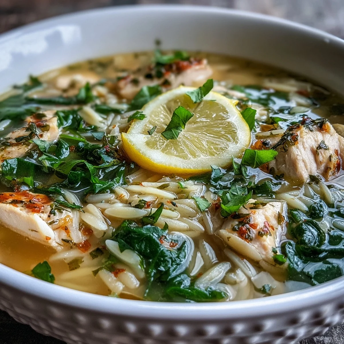 A steaming bowl of lemon chicken orzo soup with fresh spinach, tender chicken, and orzo pasta in a bright, savory broth.