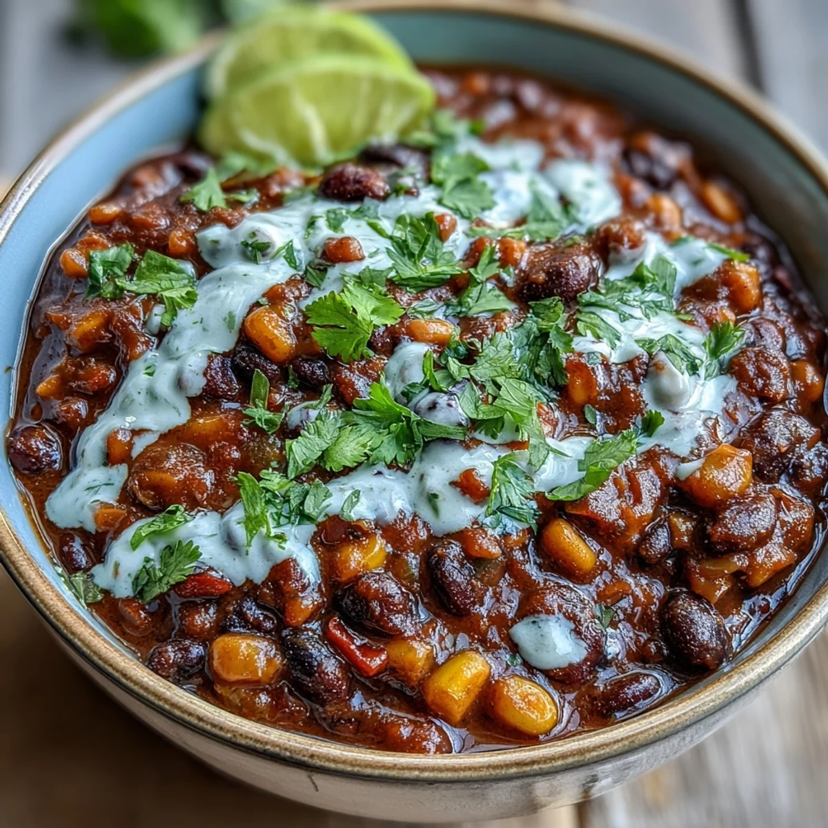 A steaming bowl of spicy black bean and corn chili with smoky paprika, vibrant vegetables, and a creamy lime crema drizzle.  