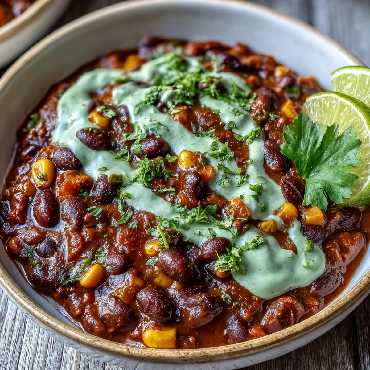 Flavorful black bean and corn chili simmered with bold Tex-Mex spices, finished with zesty lime crema and sliced avocado.