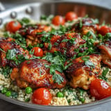 One-Pan Garlic Butter Chicken Couscous topped with fresh parsley, lemon zest, and halved cherry tomatoes.