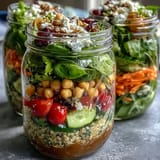 Fresh, crisp mason jar salads filled with spinach, cucumbers, chickpeas, and feta, perfect for a nutritious week of lunches.