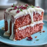 Moist rosé velvet cake, frosted, with luxurious edible gold drip accent.