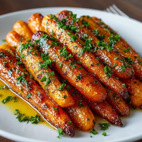 Maple Glazed Roasted Carrots, glistening with a sweet glaze, fresh thyme sprigs visible.