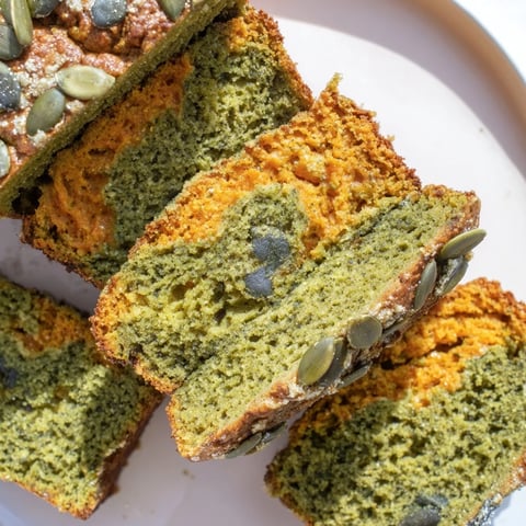 Moist matcha pumpkin spice muffin loaf, perfect for a cozy breakfast treat.  