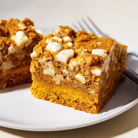 Moist pumpkin muffin white chocolate chip bars cooling on a wire rack.  