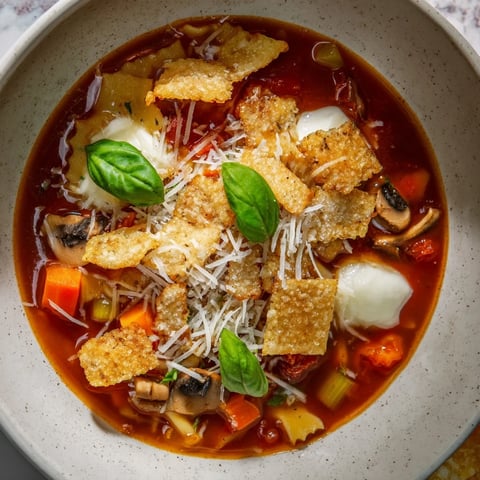 Hearty lasagne soup with rich tomato base, topped with crispy mushroom delights.  