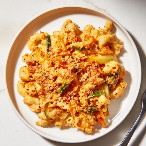 Creamy Spicy Kimchi Mac & Cheese topped with crunchy sesame for a unique flavor.  