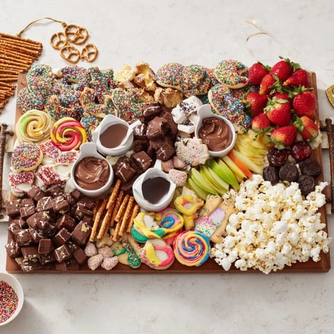 Colorful dessert board with seasonal sweets and snacks for festive gatherings.  