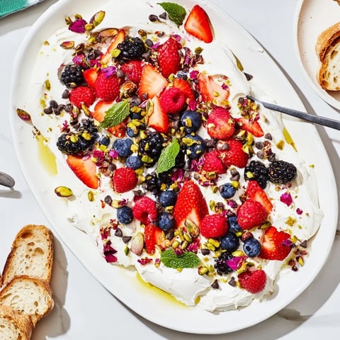 A stunning Butter Board Dessert Version topped with vibrant fresh berries and nuts.  