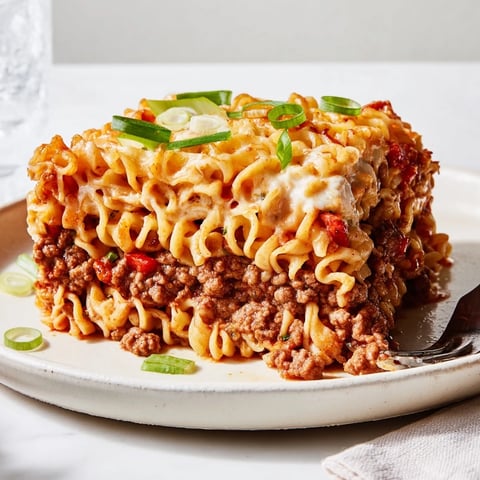 Spicy Ramen Lasagna layers spicy pork, melted cheese, and rich tomato sauce for flavor.  