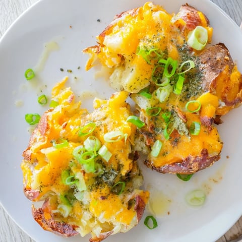 Crispy Smashed Green Onion Potato Bombs topped with melted cheese and fresh herbs.