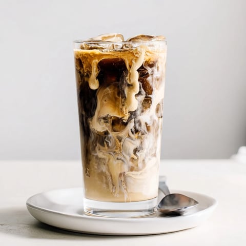 Creamy tahini iced coffee topped with plant-based milk and ice cubes.  