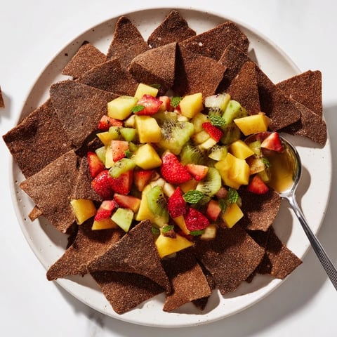 Crispy chocolate tortilla chips served with a refreshing fruit salsa medley.  