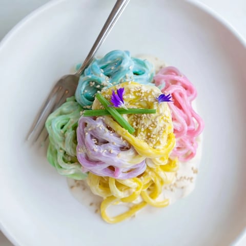Vibrant Neon Noodle Cloud dish drizzled with creamy sauce and colorful garnishes.  