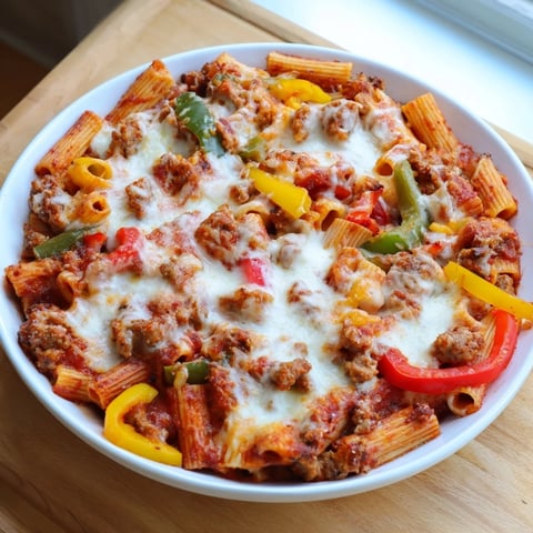 Steaming baked rigatoni with sausage and peppers, golden cheese bubbling, ready for a comforting dinner.