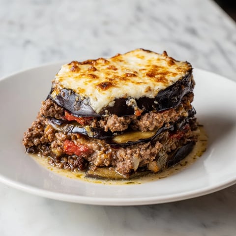 Golden-brown Moussaka with layers of eggplant, savory spiced beef, and creamy béchamel, ready to enjoy.