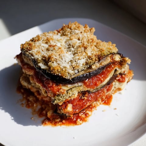 Warm Eggplant Parmesan Lasagna, bubbly mozzarella and golden Parmesan, ready to serve and enjoy.