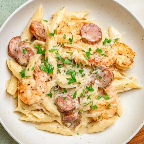 Creamy Cajun Sausage & Shrimp Alfredo Pasta skillet, loaded with perfectly cooked shrimp and sausage.