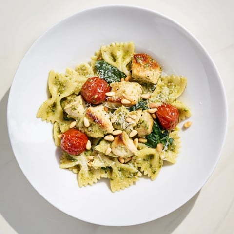 Beautiful bowl of pesto chicken bowtie pasta, brimming with creamy sauce and fresh basil.