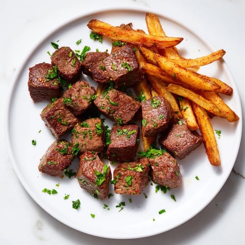 Blackened Cajun steak bites with fries, a flavorful meal of seared, spicy steak and perfectly cooked fries.
