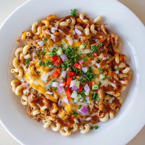 A bubbling BBQ Rib Macaroni skillet, rich with cheese and smoky, tender shredded pork ribs.