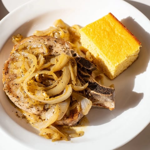 Golden-brown smothered pork chops swimming in savory gravy, served with fluffy cornbread.