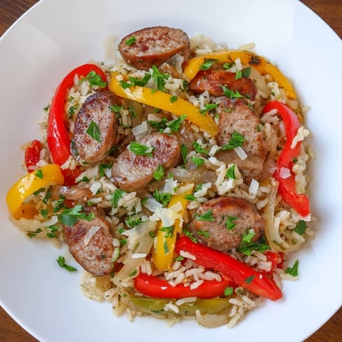 Close-up photo of the Italian Sausage & Peppers Rice Plate, steaming with savory aromas.