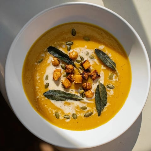 Chickpea, Pumpkin & Sage Soup: a close-up shows a creamy, vibrant bowl garnished with fresh sage leaves.