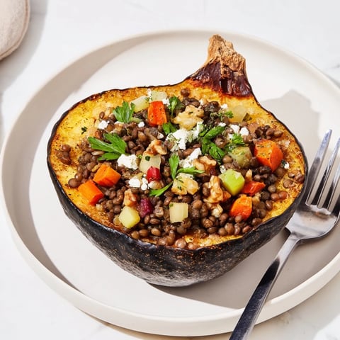 Golden, roasted Lentil & Walnut Stuffed Acorn Squash, a vegetarian delight ready to enjoy!