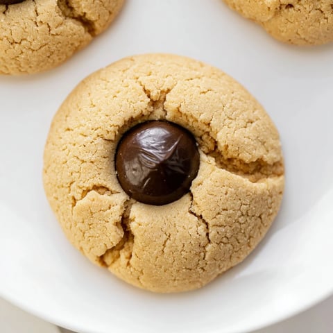 Warm, freshly baked 3-Ingredient Peanut Butter Blossoms, with melted chocolate kiss topping, ready to eat.