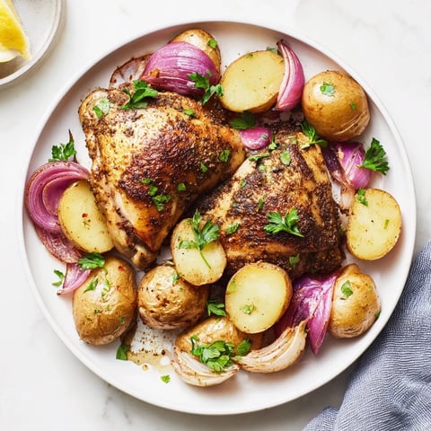Sheet Pan Zaatar Chicken with potatoes, golden, crispy chicken beside roasted potatoes and red onions.