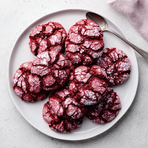 Close-up view of perfect, crinkled Red Velvet Chocolate Crinkle Cookies, dusted in powdered sugar.