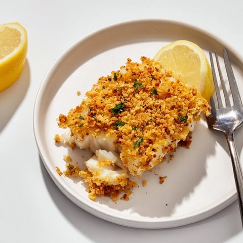 Golden baked cod with crispy Ritz cracker topping, ready to serve with lemon wedges.