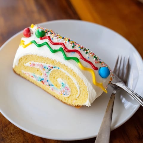 Festive Ugly Sweater Cake Roll with colorful frosting and sparkling sprinkles, ready to serve.