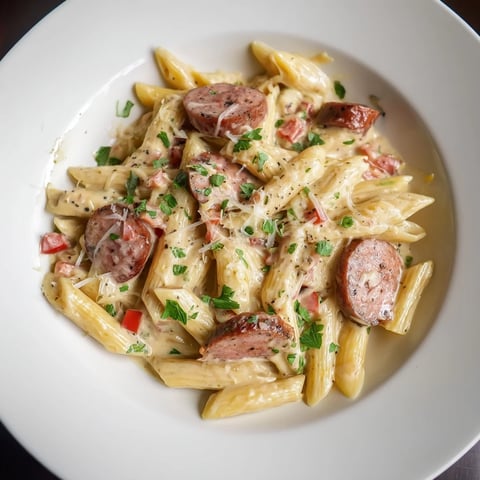 Golden, saucy Smoked Sausage Cajun Alfredo with penne, perfect for a quick, comforting dinner.