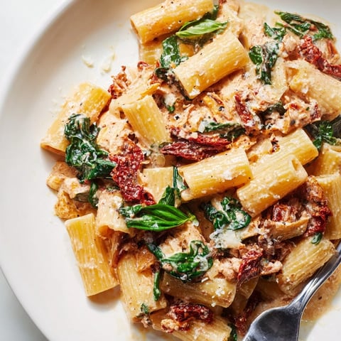 Creamy Sun-Dried Tomato Spinach Cottage Cheese Pasta, ready to serve with Parmesan and fresh basil.