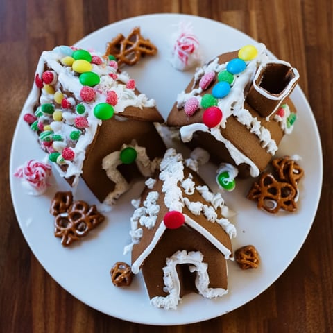 A completed gingerbread house, part of a decorating kit, festive and full of colorful candies.