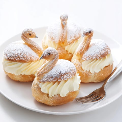 Delicate, sugar-dusted Elegant Swan Mini Pastries, with creamy vanilla filling, perfect for a special occasion.