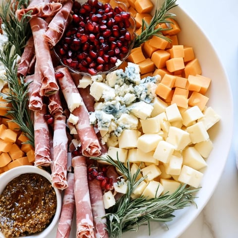 A beautifully arranged winter forest charcuterie scene with meats, cheeses, and rosemary sprigs.