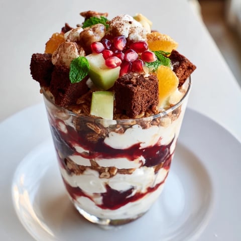 Festive Christmas Pudding Yogurt Parfait Bar layers, with creamy yogurt, fruit, and crunchy toppings for brunch.