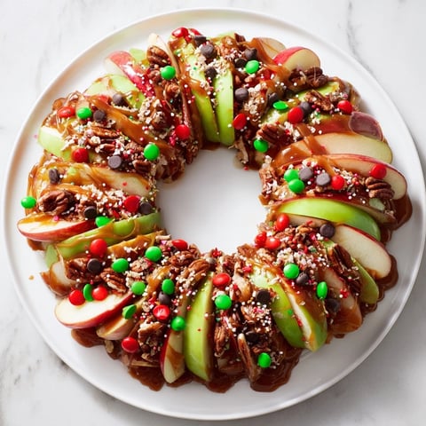 Crisp caramel apple slice Christmas wreath garnished with festive red and green candies, ideal for serving.