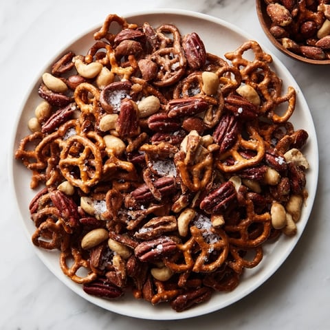 Golden salted caramel pretzels and nuts snack, oven-baked to a perfect, crunchy finish.
