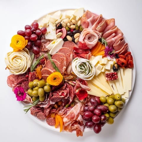 A beautiful Advanced Artisan Array charcuterie board piled high with meats, cheeses, and garnishes.