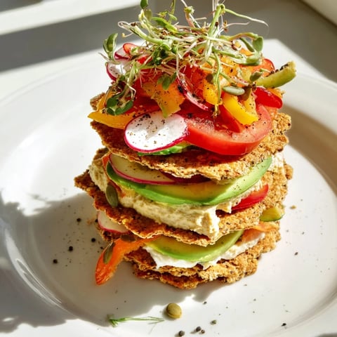 Gluten-Free Gourmet Tower offers a delightful presentation, with vibrant toppings layered atop gluten-free bread and crackers.