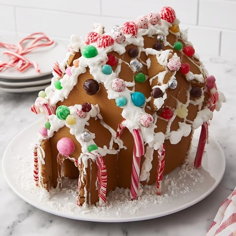 A beautifully decorated gingerbread house with colorful candies looks festive for the holidays.