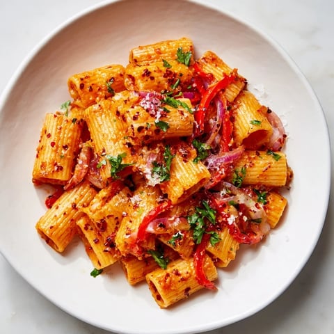 Steaming bowl of one-pot Diavola spicy pasta with vibrant red sauce and parmesan garnish.