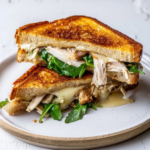 Nutella Grilled Cheese with Chicken: Golden brown, crispy bread holds melted brie, flavorful chicken, and Nutella.